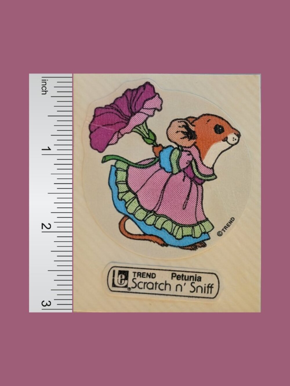 5/$25 Vintage 80s Used Trend Miss Mouse Scratch and Sniff Petunias Sticker